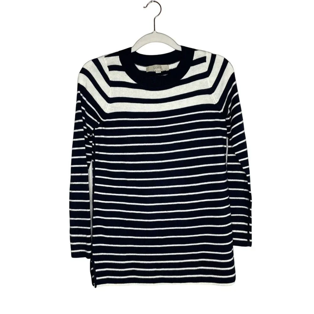 Loft Striped Sweater in Navy Size XS Blue and White Crew Neck